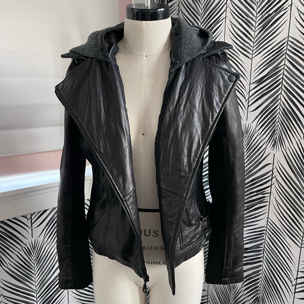 Dkny Black Leather Jacket Asymmetrical Zipper Fitted Silhouette